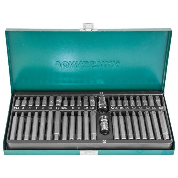 Набор вставок-бит Jonnesway 10 мм шестигранных H4-12 мм, Torx Т20-Т60, Spline М5-М12 (30 и 75 мм), 42 предмета